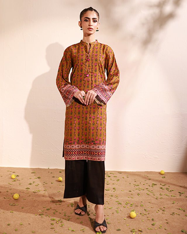 Dijon Mustard Lawn Printed Kurti - 1PC