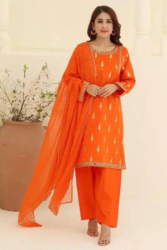Orange Lawn Embroidered Suit - 3PC