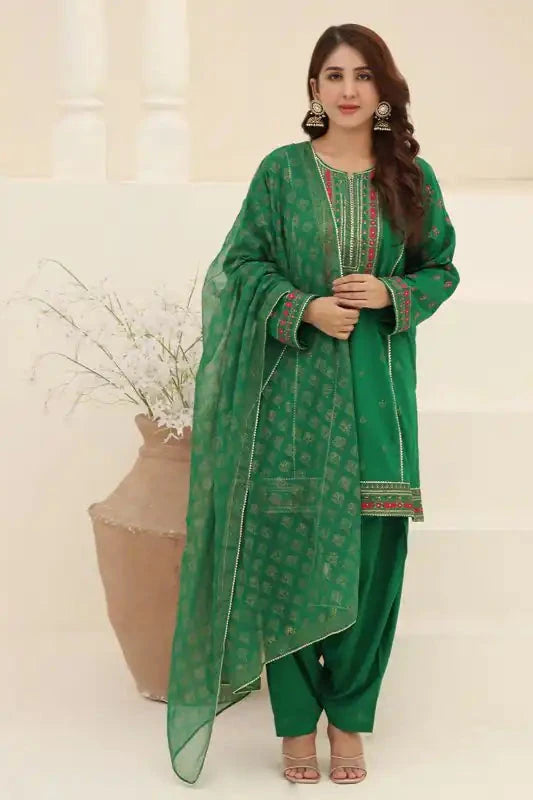 Green Lawn Embroidered Suit - 3PC |