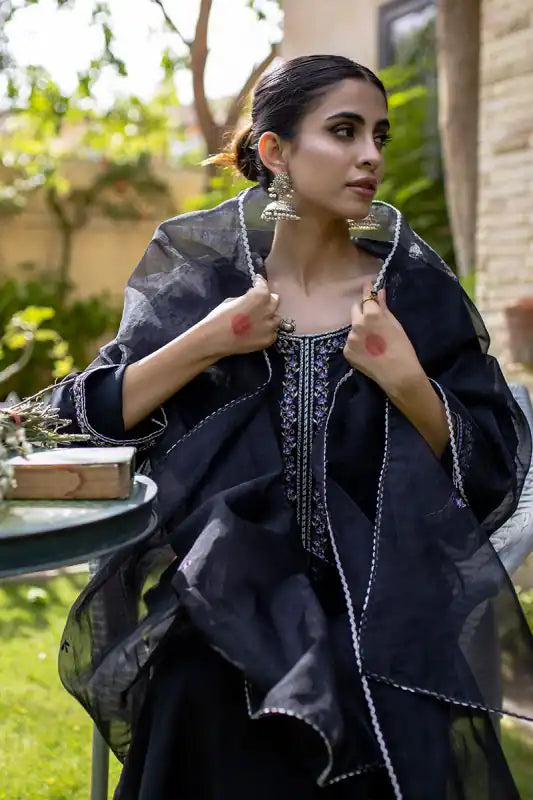 Black Silk Embroidered Suit - 3PC