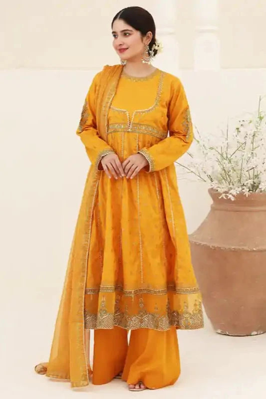Ochre Lawn Embroidered Suit - 3PC