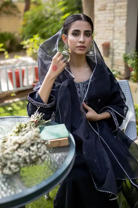 Black Silk Embroidered Suit - 3PC