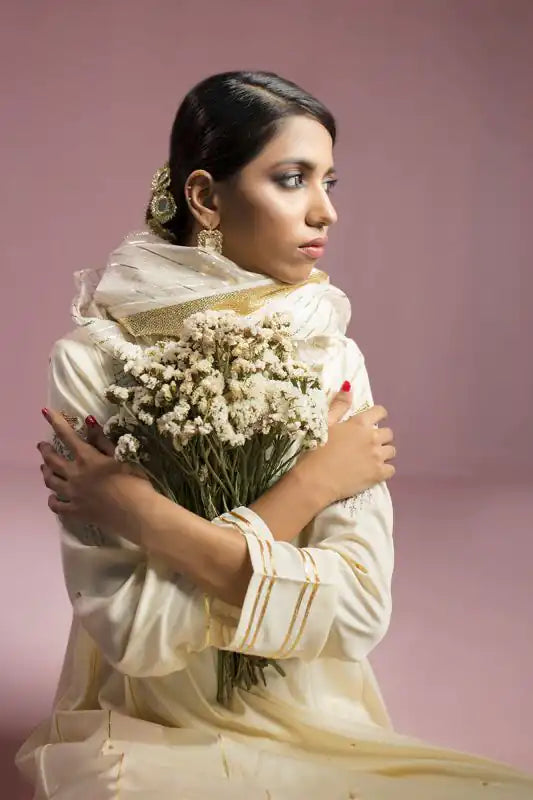 Off White Silk Embroidered Suit - 3PC