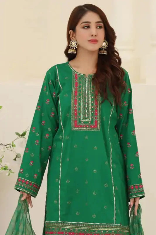 Green Lawn Embroidered Suit - 3PC |
