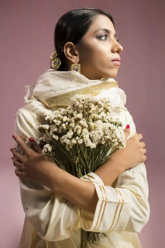 Off White Silk Embroidered Suit - 3PC