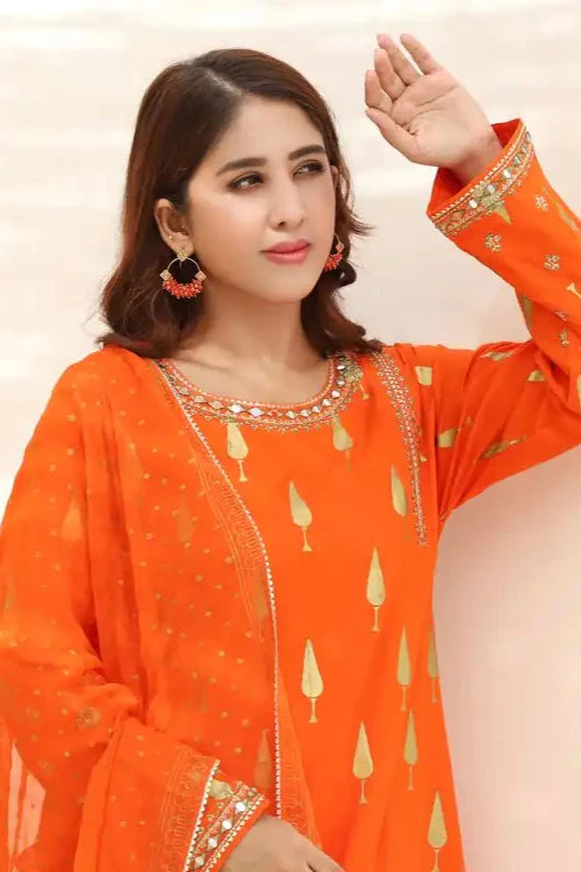 Orange Lawn Embroidered Suit - 3PC