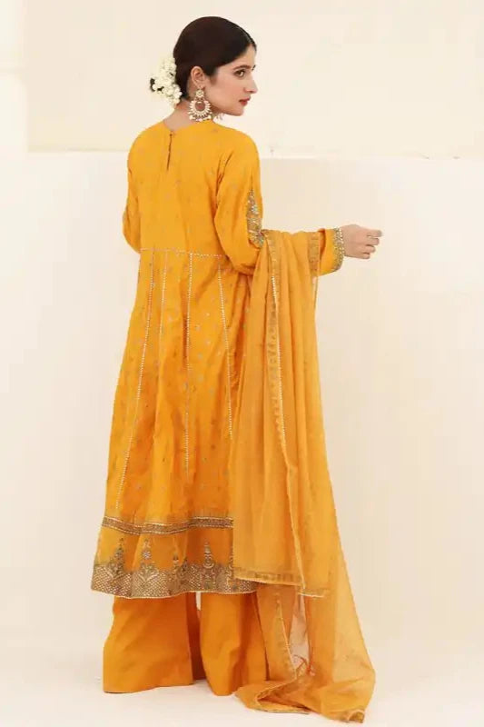Ochre Lawn Embroidered Suit - 3PC