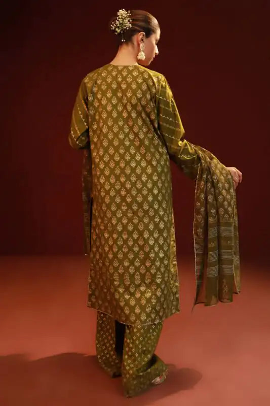 Olive Green Lawn Embroidered Suit - 3PC