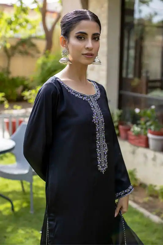 Black Silk Embroidered Suit - 3PC