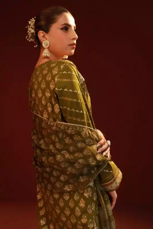 Olive Green Lawn Embroidered Suit - 3PC
