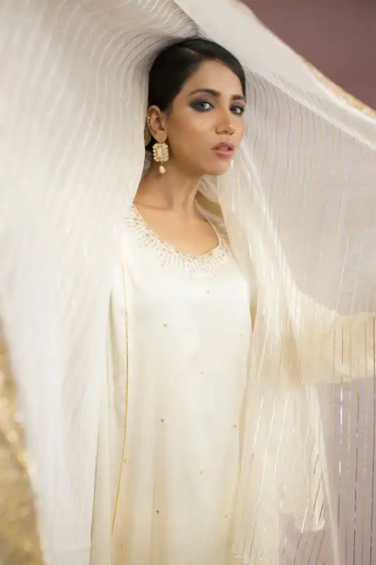 Off White Silk Embroidered Suit - 3PC