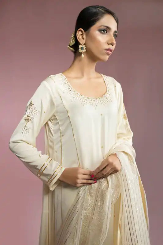 Off White Silk Embroidered Suit - 3PC