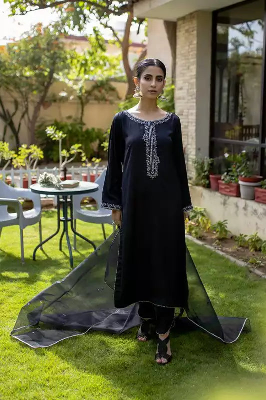 Black Silk Embroidered Suit - 3PC