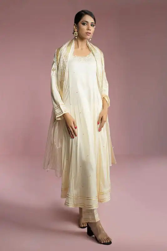 Off White Silk Embroidered Suit - 3PC