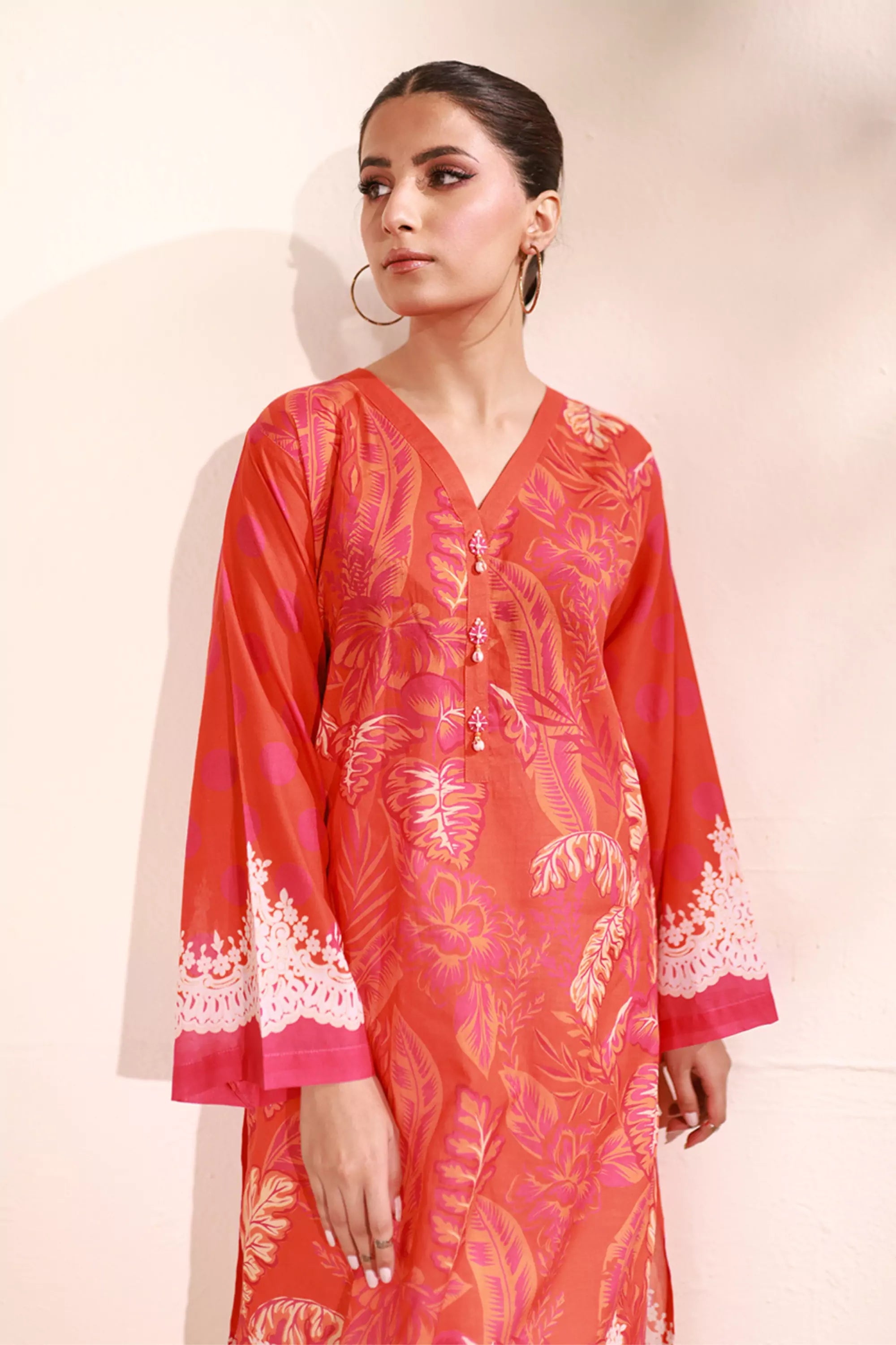 Orange Lawn Printed Kurti - 1PC