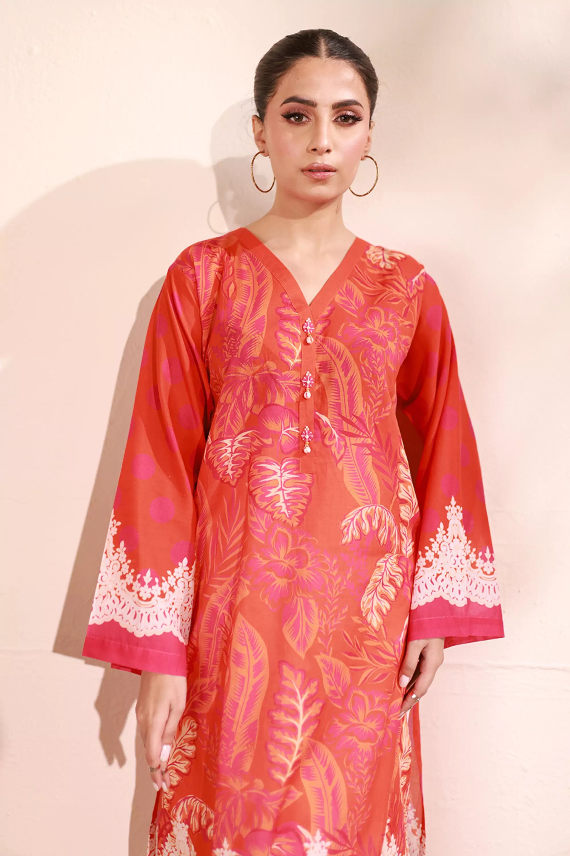 Orange Lawn Printed Kurti - 1PC