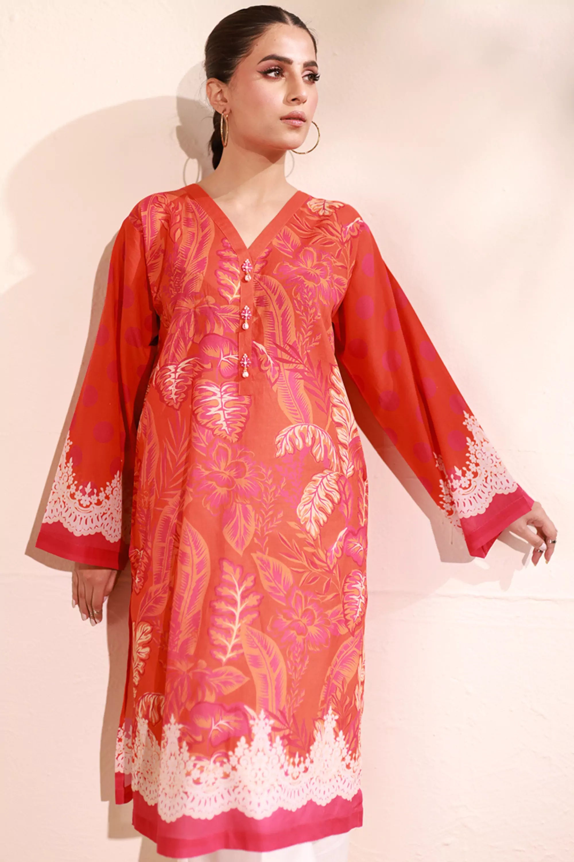 Orange Lawn Printed Kurti - 1PC