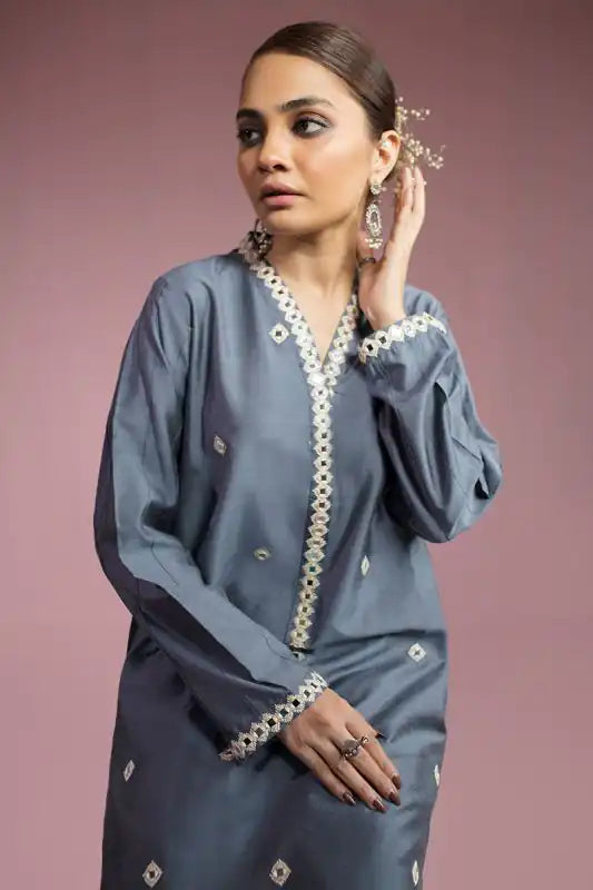 Anchor Gray Staple Cotton Embroidered Suit - 2PC