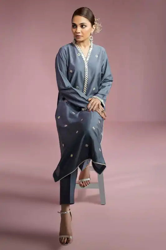Anchor Gray Staple Cotton Embroidered Suit - 2PC