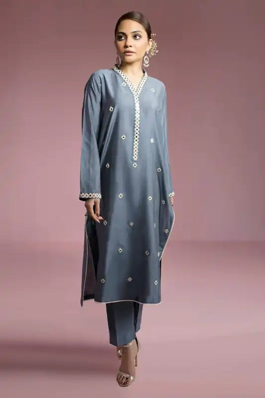 Anchor Gray Staple Cotton Embroidered Suit - 2PC