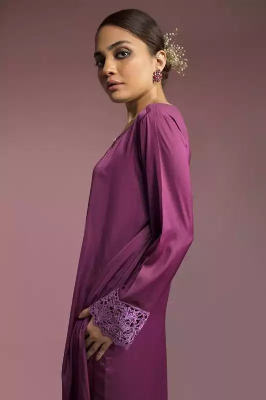 Plum Silk Embroidered Suit - 2PC