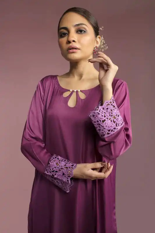 Plum Silk Embroidered Suit - 2PC
