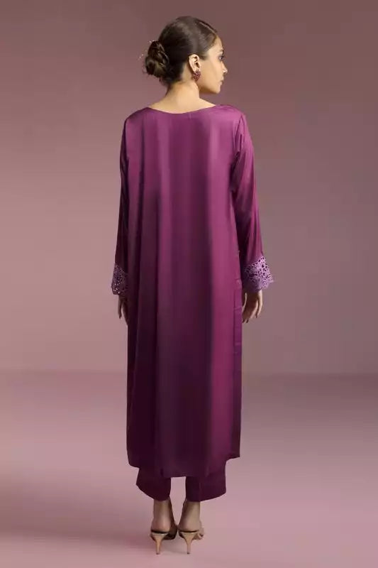Plum Silk Embroidered Suit - 2PC