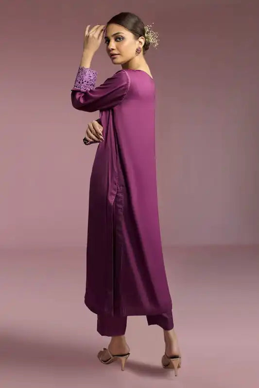 Plum Silk Embroidered Suit - 2PC