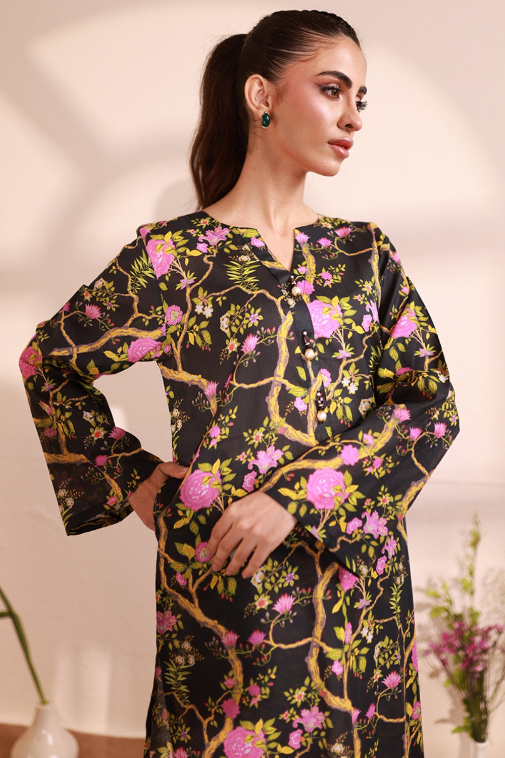 Black Lawn Printed Suit - 2PC