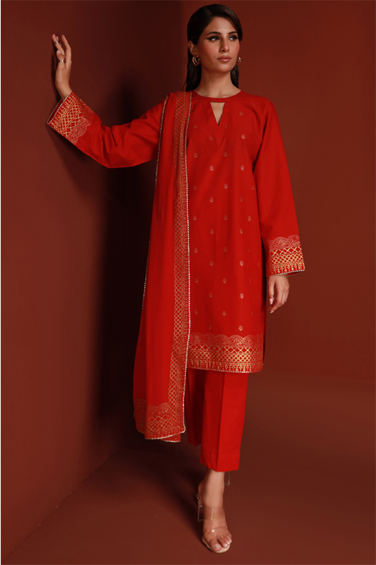Red Lawn Printed Shirt and Dupatta - 2PC