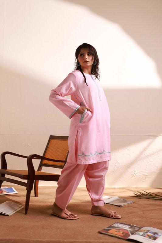 Pink Dobby Embroidered Kurti - 1 PC