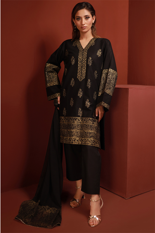 Black Lawn Printed Shirt and Dupatta - 2PC