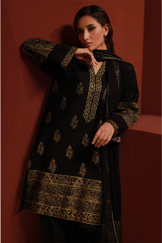 Black Lawn Printed Shirt and Dupatta - 2PC