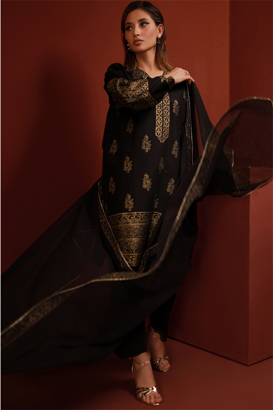 Black Lawn Printed Shirt and Dupatta - 2PC