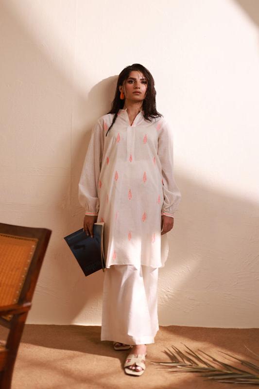 Ivory Dobby Embroidered Kurti - 1 PC