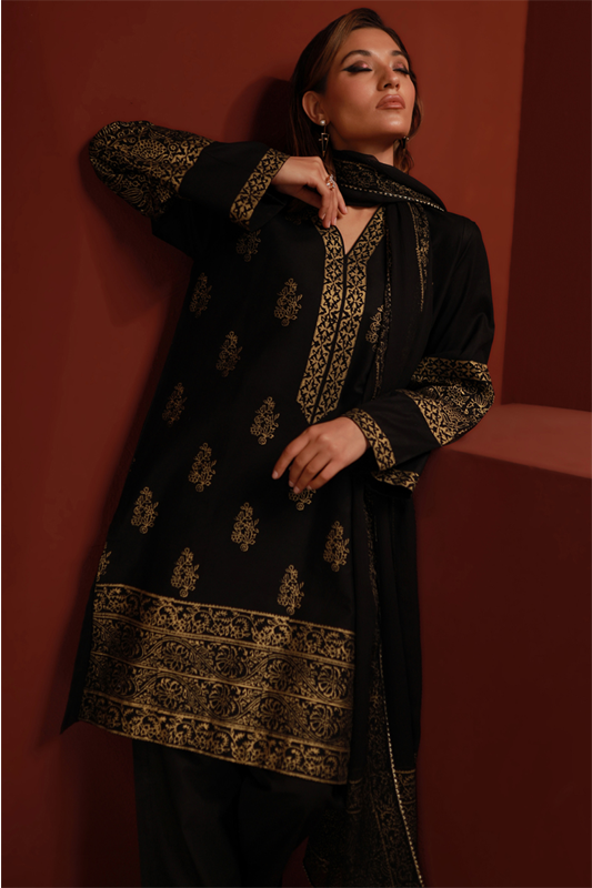 Black Lawn Printed Shirt and Dupatta - 2PC