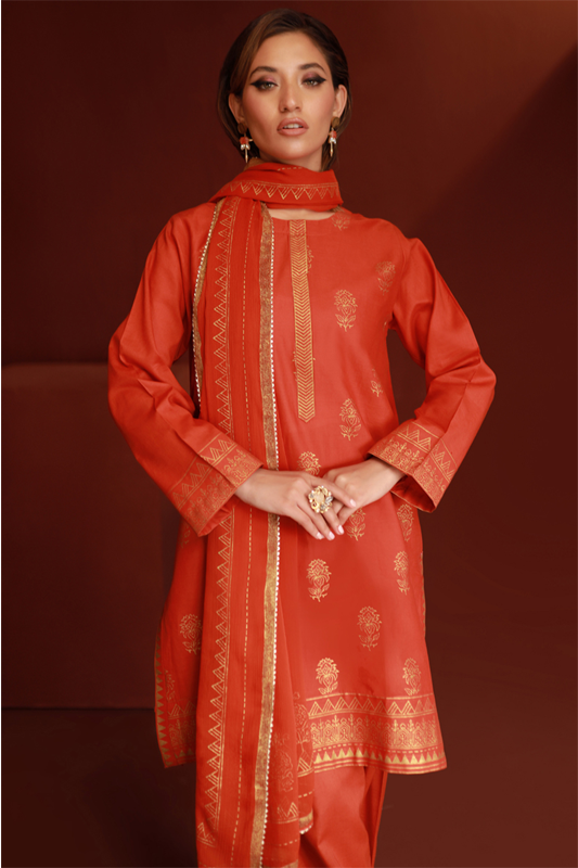 Rust Lawn Printed Shirt and Dupatta - 2PC