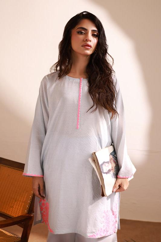 Blue Dobby Embroidered Kurti - 1 PC