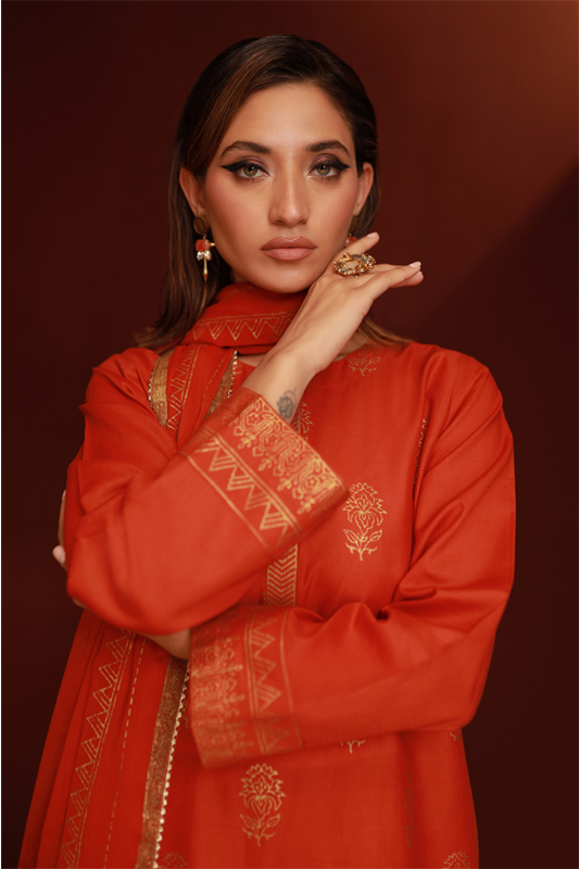 Rust Lawn Printed Shirt and Dupatta - 2PC