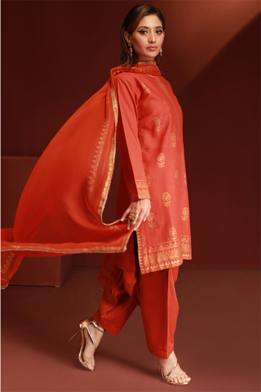 Rust Lawn Printed Shirt and Dupatta - 2PC