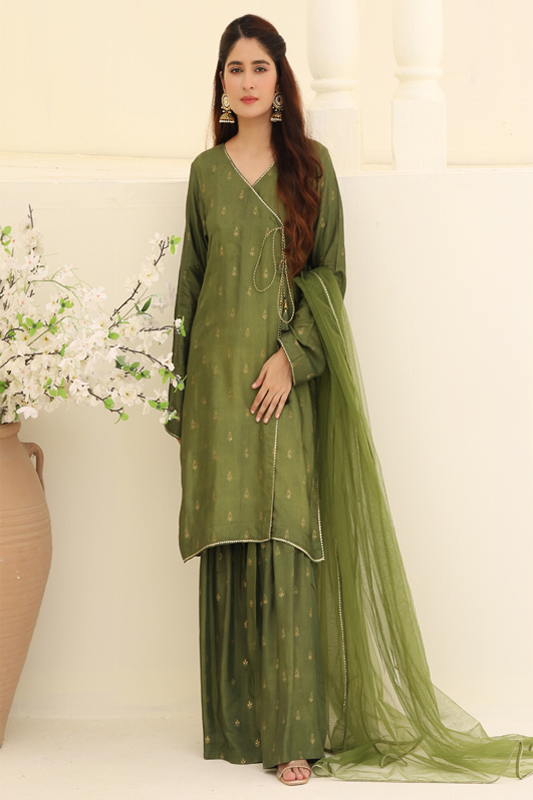 Parrot Green Cotton Silk Printed Suit - 3PC