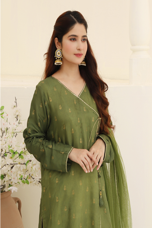Parrot Green Cotton Silk Printed Suit - 3PC
