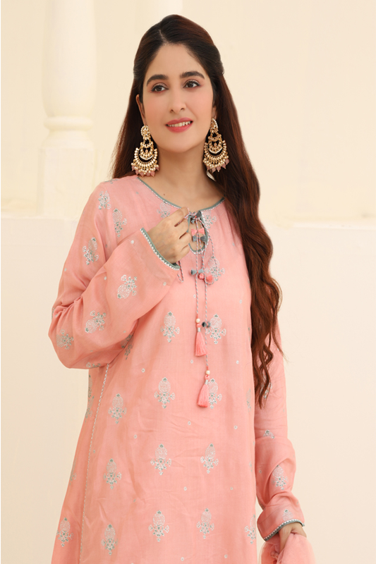 Pink Cotton Silk Printed Suit - 3PC