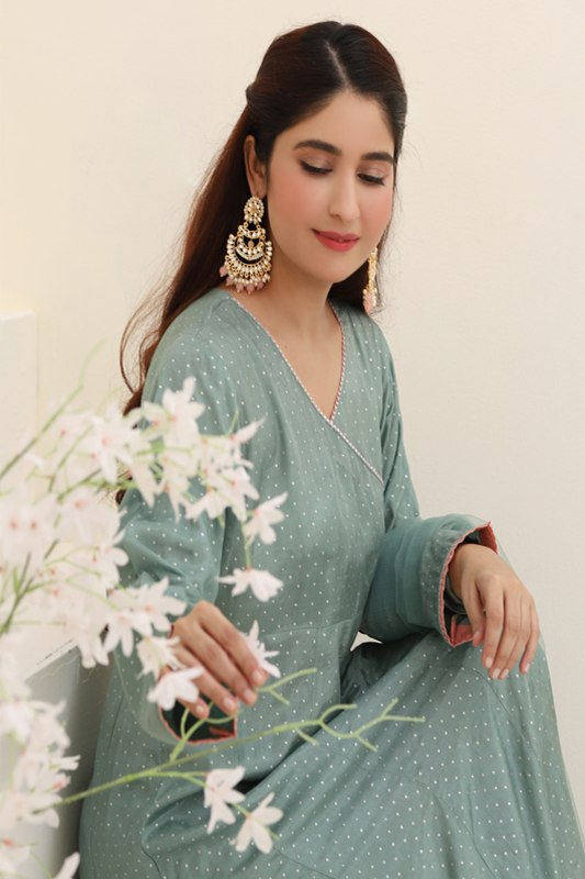 Tale Blue Cotton Silk Printed Suit - 3PC