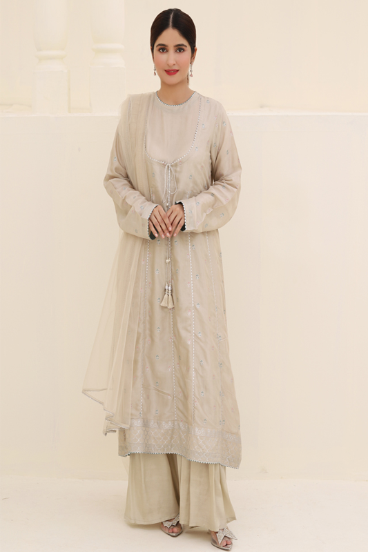 Ivory Cotton Silk Printed Suit - 3PC