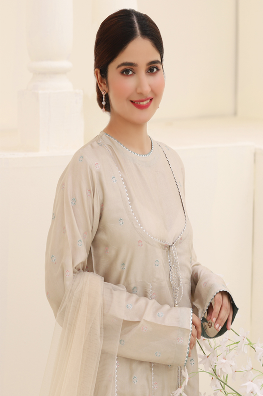Ivory Cotton Silk Printed Suit - 3PC
