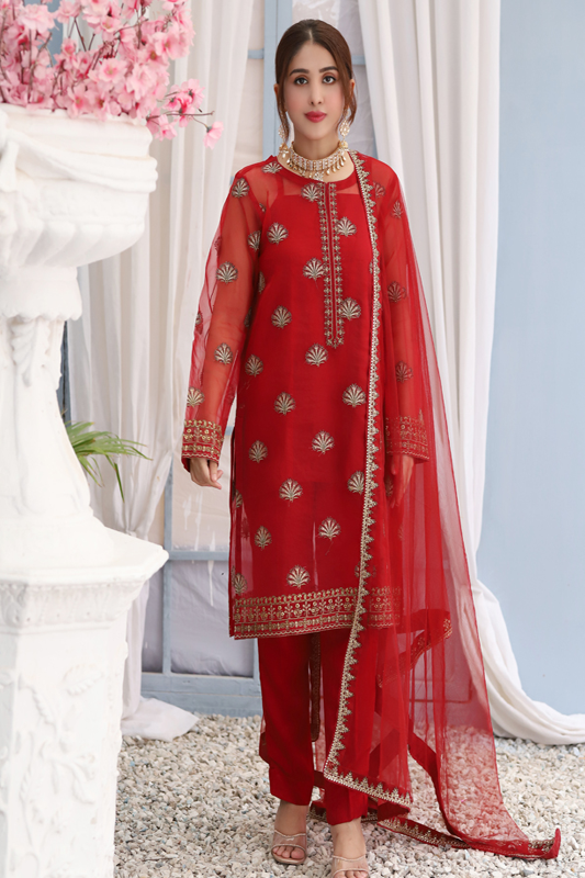 Red Organza Embroidered Suit - 3PC