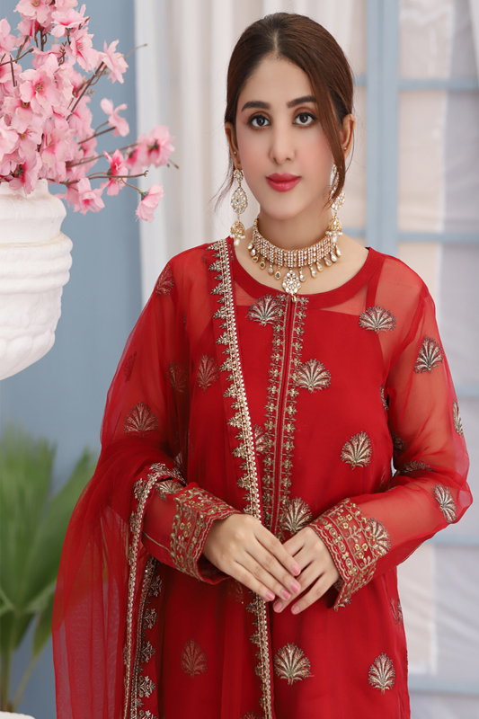 Red Organza Embroidered Suit - 3PC