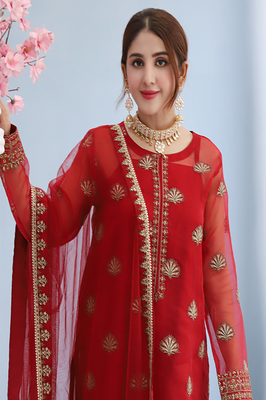 Red Organza Embroidered Suit - 3PC