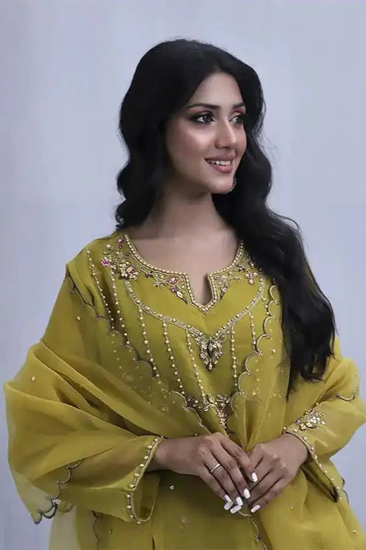 Golden Organza Embroidered Suit - 3PC